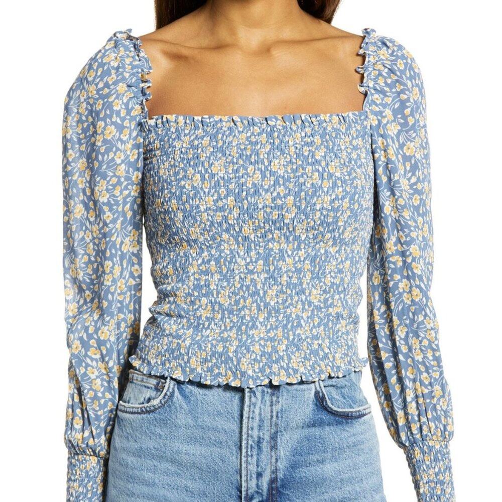 Reformation Pinto Smocked Top in Blue Wallflower